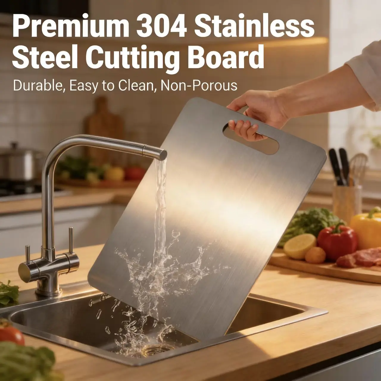 LVABZ 304 Stainless Steel Chopping Board - Premium Food-Grade Portable Double-Sided Kitchen Cutting Board, Smooth Surface, Durable, Easy to Clean, Ideal for Meal Prep, Fruit Slicing, Outdoor Camping