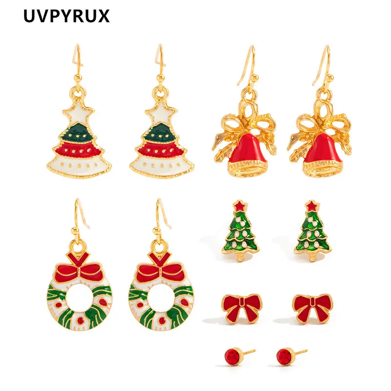 Women's 6-Pair Christmas Jewelry Set - Gold-Tone Enamel Metal Tree, Bell Dangle & Stud Lightweight Earrings, Festive Costume Jewelry Accessories, Christmas Gift for Sister, Lightweight Earring