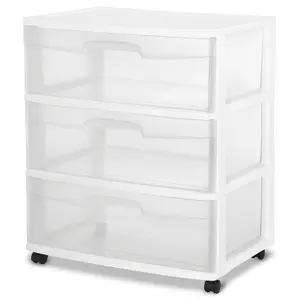 SteR Wide 3 Drawer Cart White: Multi-Purpose Storage for Any Room, Clear Drawers Keep Contents Visible