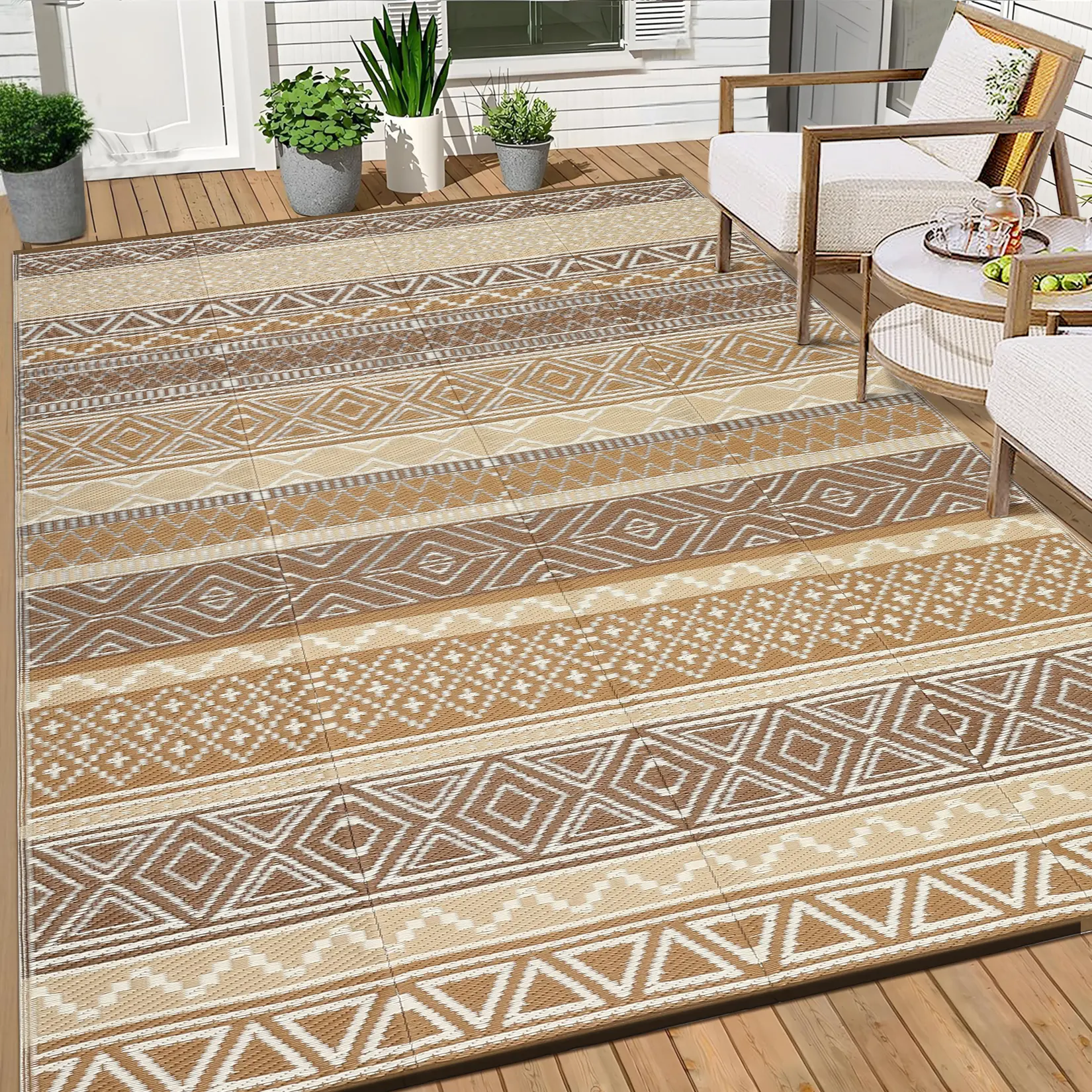 Traditional Geometric Outdoor Rug - 9*12ft Waterproof Reversible Plastic Straw Rug, Durable Fade-Resistant Bohemian Black & White Woven Floor Mat for Patio, Camping, Easy-Clean for Deck Use