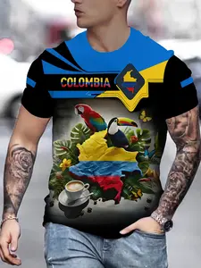 Men's Colombia World Cup Fitted T-Shirt, Tropical Floral, Flower, Ethnic & Animal Print, Coffee Bean Design, Casual Long Sleeve Tee for All Seasons