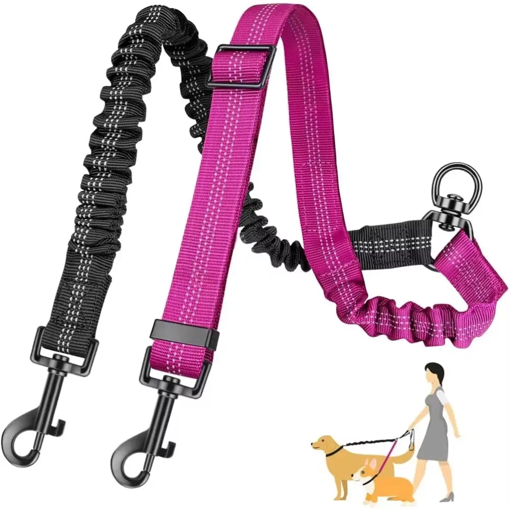 1 PC 1.6ft Shock Absorbing Bungee Dual Dog Leash, Adjustable No Tangle Double Dog Leash Attachment, Durable Training Walking Leash for Small Medium Large Dogs