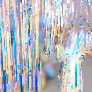 2 Pack Neon Clear Foil Tinsel Curtain(3.2ftx 8.2ft),Iridescent Glitter Metallic Fringe Curtain for Rainbow Party Decorations Backdrop