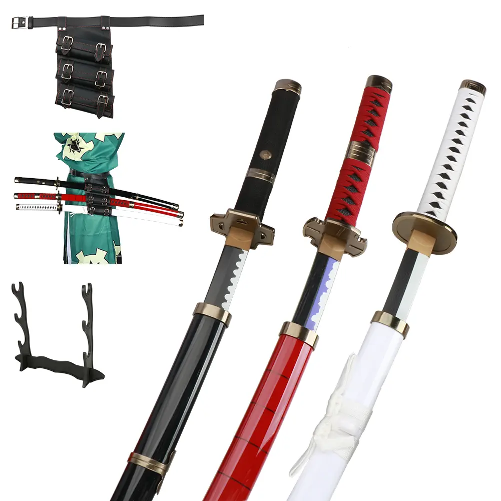 ELERVINO 41-in Bamboo & Plastic Roronoa Zoro Samurai Katana Set - Yubashiri, Wado Ichimonji, Sandai Kitetsu Replicas with Black Belt Stand Display, Toy Katana Swords for Decoration, Ages 12+, Halloween Gifts, Wood