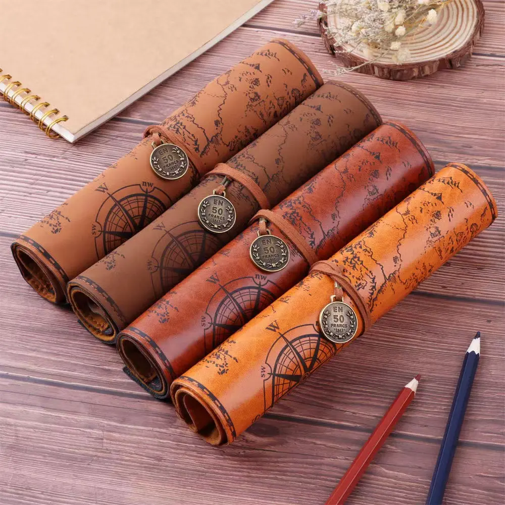 Vintage Leather Pencil Case with Treasure Map Embossed Design, Roll-Up Stationery Office Supplies Organizer with Buckle for School & Art, Art Materials, Vintage Treasure Map Embossed, Buckle Closure, School Organization, Classic, Study Stationery