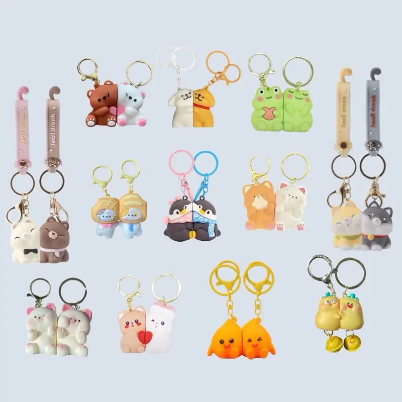 Magnetic White Puppy Golden Retriever Dog Brown and White Bear Twin Flame Frogs Keychain Set for Couples or Best Friends - Valentine's Day Gift for Any Occasion