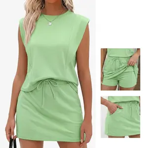 ChicMe Women's 2 Pieces Outfit Round Neck Flutter Sleeve Top Casual High Waisted Skorts Lounge Outfit/Women's Summer Outfit Lounge Set