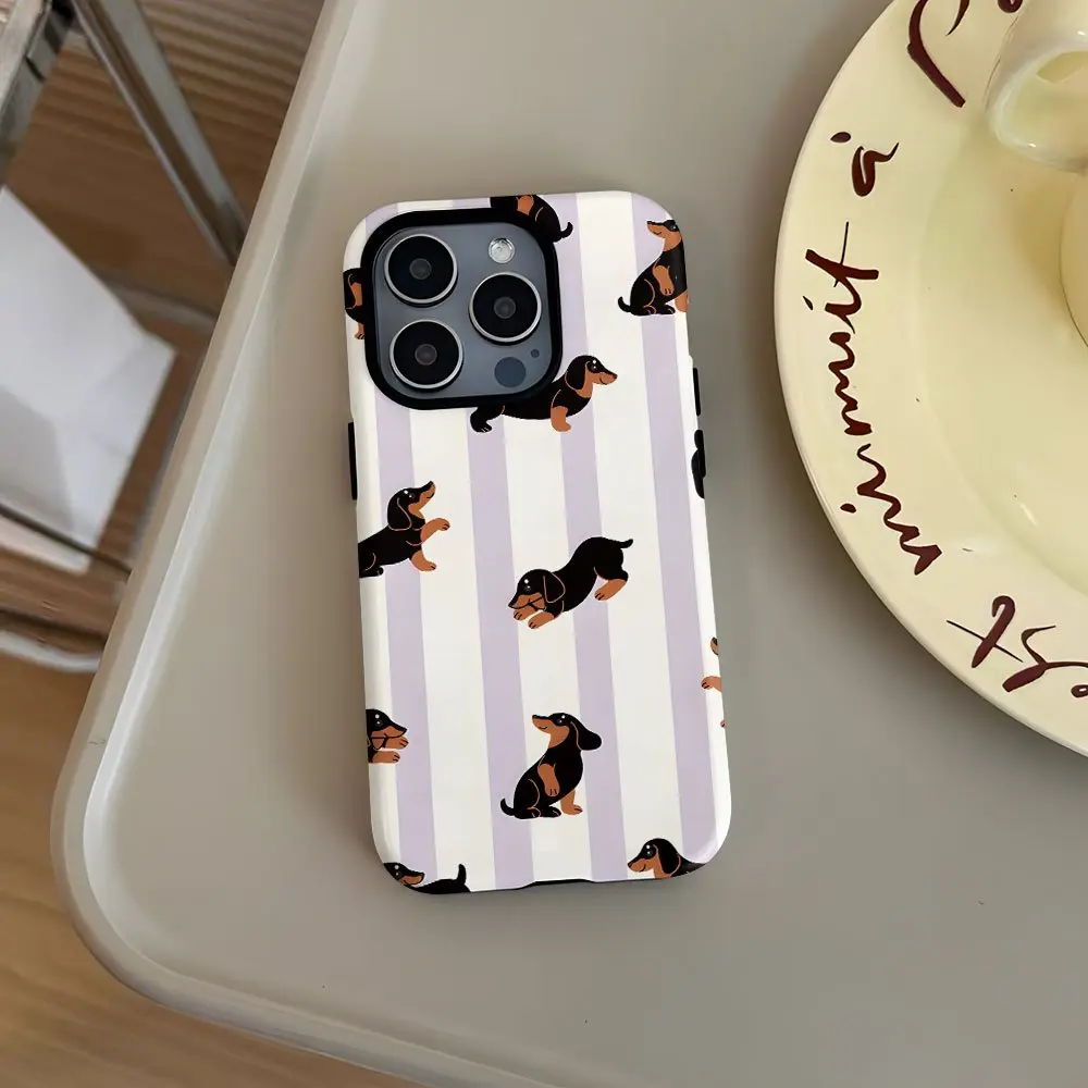 Purple striped dachshund pattern, durable and shock-absorbing glossy 2-in-1 phone case, suitable for iPhone 17, 16, 15, 14, 13, 12, 11, X, Samsung and other series models. Makes a great holiday gift for friends or family.