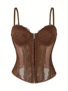 Women's Brown Lace Mesh Sheer Corset Top, Shapewear, Boned Bustier Cami, Front Hook & Lace-Up Back Slim Fit Shaping Top