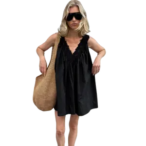 2026 Summer Pure Cotton Sleeveless V-Neck Camisole Dress for Women, Vacation Style Sleeveless Black Elegant Dress