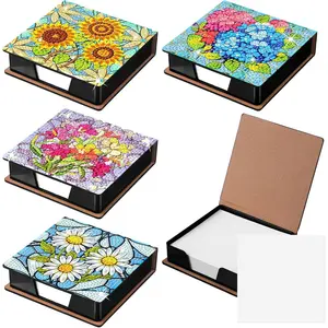 Saillong 4 Pcs Flower Theme Diamond Art Note Box Kit Sunflower Daisy Diamond Painting Memo Box Hydrangea Paper Holders with 160 Sticky Notes for DIY Office Supplies Gifts