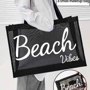 Beach Please Letter Pattern Beach Bag, Portable Makeup Bag, Large Capacity Shoulder Bag, Reusable Shopping Bag, Travel Gift