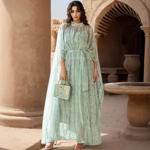 Mint green half-neckline halter top two-piece chiffon dress for parties and formal occasions,Two-piece set,Modesty Round Neck Long Sleeve Dress for Daily Wear,Muslim Women Gowns, Round Neck Loose Abayas Dress Set,Women's Arabian Dress,Women's Kaftan Dress