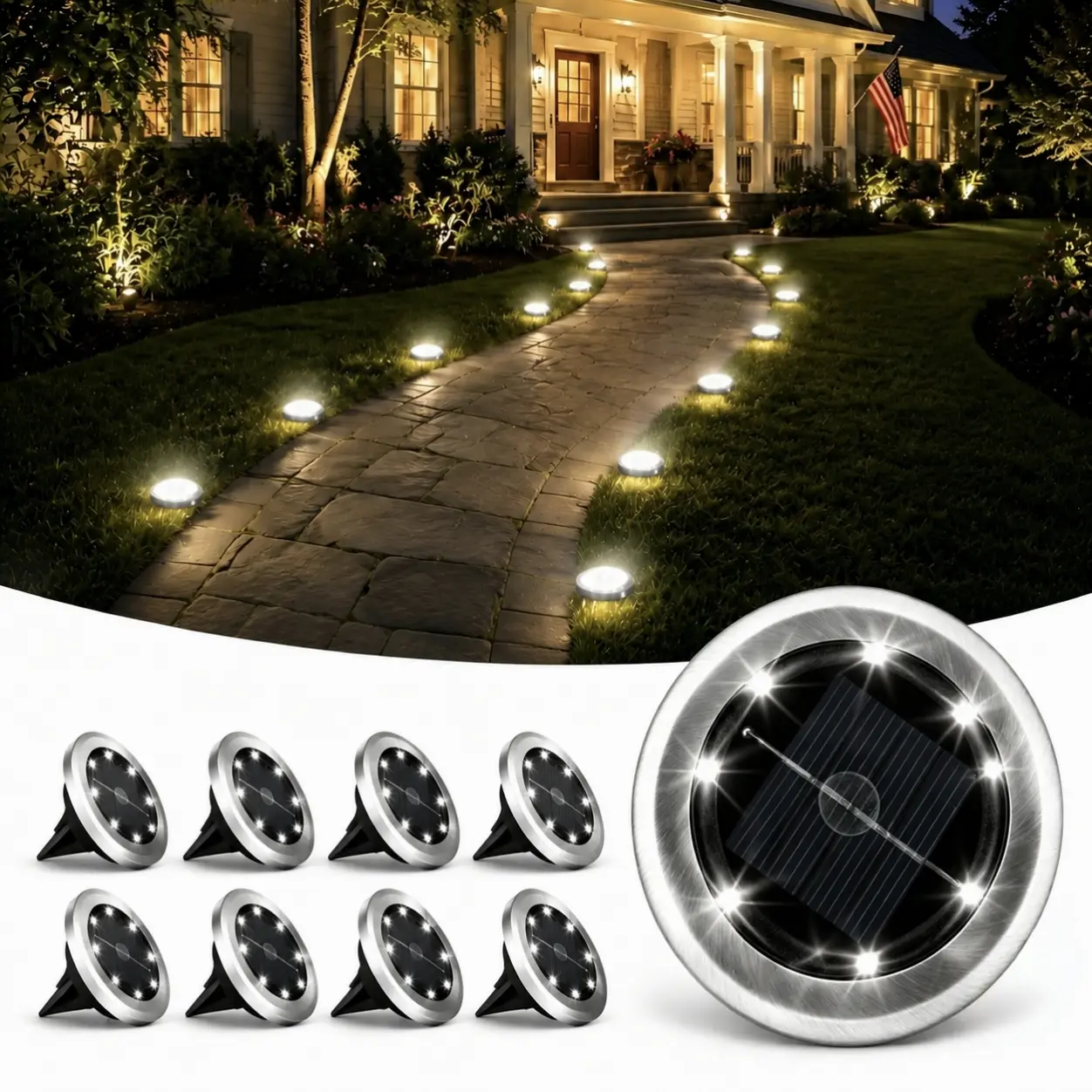 8-Pack Mini Solar Ground Lights - Stainless Steel, Water Resistant Solar Outdoor Lights with Batteries, Festive Decor for Driveway, Walkway