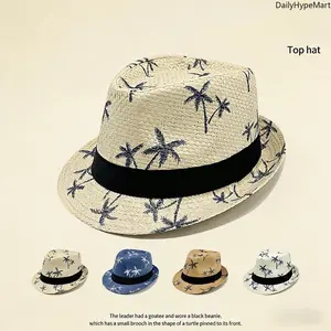 Men's Foldable Straw Sun Hat - Coconut Palm Wide Brim Casual Outdoor Beach Hat with Turtle Brooch, Daily Sun Protection Fashion Accessory, Casual Outdoor Hat