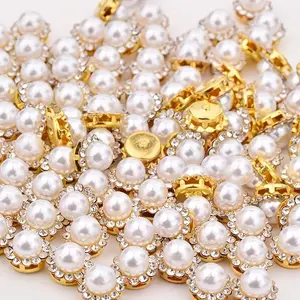 50pcs Sunflower Drill Round Pearl Hand Sewing Floral Button, Floral Appliques, DIY Clothing Decoration Handbags Hat Decoration