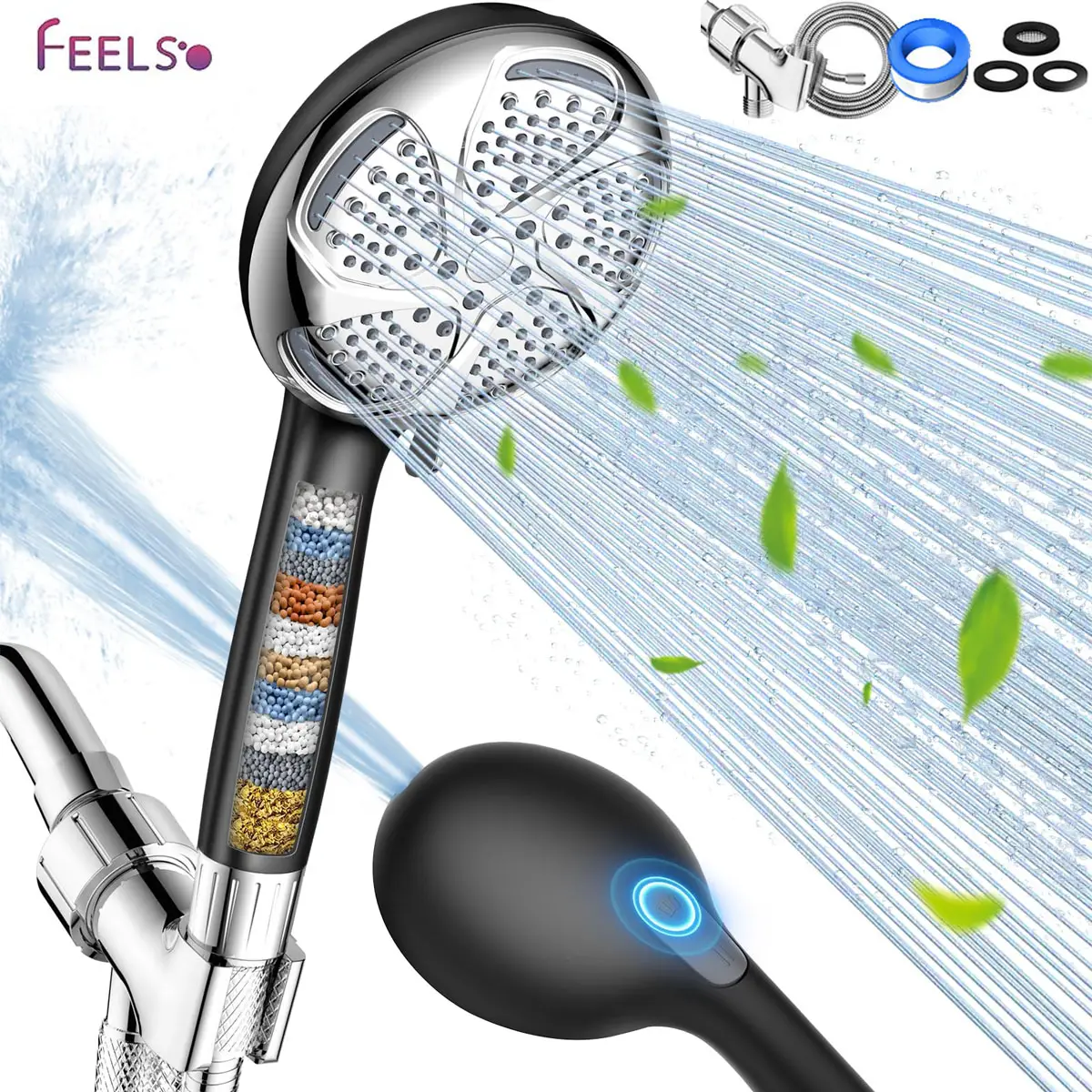 FEELSO High Pressure Shower Head with Filter - 6+1 Modes, Power Wash for Hard Water Removal, Reduces Dry & Itchy Skin, Matte Black Finish, Ideal for B
