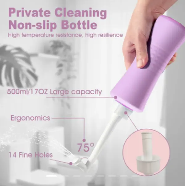 Postpartum Portable Travel Bidet Leak-proof Perineal Rinse Spray Bottle Purple 500ml Ergonomic 14 Holes for New Moms Postpartum Care & Recovery,Color: Purple,Upside Down Peri Bottle for Postpartum Care