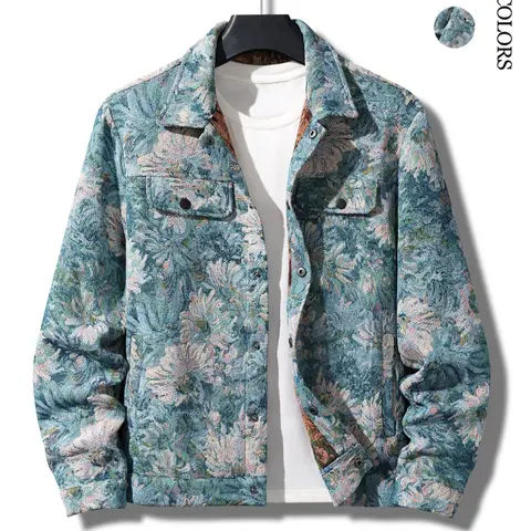 Men's Jacket Shirt Coat, Autumn Winter Fashion Embroidered Casual Top, Long Sleeve Fitted H-Type Button Front Floral Pattern, Casual Streetwear Outerwear