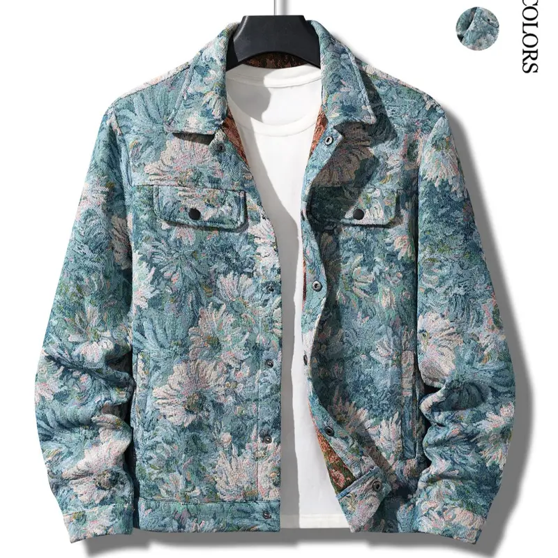 Men's Jacket Shirt Coat, Autumn Winter Fashion Embroidered Casual Top, Long Sleeve Fitted H-Type Button Front Floral Pattern, Casual Streetwear Outerwear