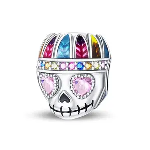 925 Sterling Silver Tribal Skull Bead Charm, Bohemian Gothic Jewelry DIY
