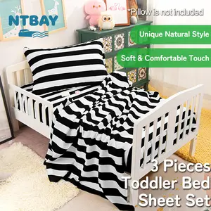 NTBAY Toddler Bed Sheet Set Black & White Stripes Microfiber Softness Machine Washable Complete 3-Piece Set for Toddlers' Beds