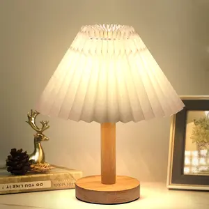 Vintage Pleated Plain Shade Table Lamp, Umbrella-Shaped Nordic Decor Warm White Night Light, Cozy Room Accessory for Bedroom Bedside, Dormitory Gift Ornament