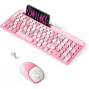 F-KBB01 Retro Wireless Keyboard with Round Keycaps, 2.4GHz Full-Size USB Cute Wireless Keyboard Mouse for Computer, Desktop, Laptop and Computer (Pink-Colorful)