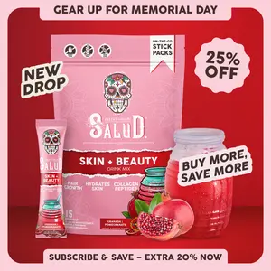 Salud 2-in-1 Skin + Beauty Drink Mix Packets, Collagen Peptides with Verisol, Hyaluronic Acid, Vitamin C, Biotin + Lustriva, Beauty Drink Packets, Hydration Sticks, Gluten Free, For Men & Women, (15 Servings)