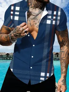 Men's Short Sleeve Plaid Shirt, Summer Casual Slim Collared Lapel Top, Trendy Fashion Print Shirt, Menswear