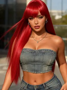 Red Color Long Silky Straight High Quality Wigs with Bangs Synthetic Hairpieces Glueless Wig for Fashion Women Heat Resistant Natural Looking Hair Wig for Party Cosplay