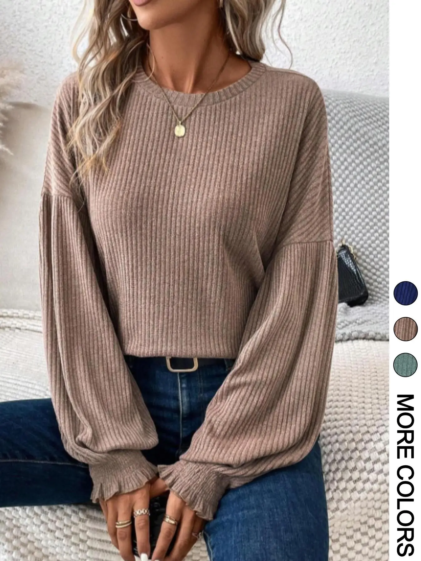 Women's Basic Plain Ribbed Bishop Sleeve Sweater Pullover, Casual Shirred Long Sleeve Round Neck Crewneck Jumper for Spring & Fall, Fashion Women's Knitwear for Daily Wear, Everyday, Womenswear, Tops, Knitting