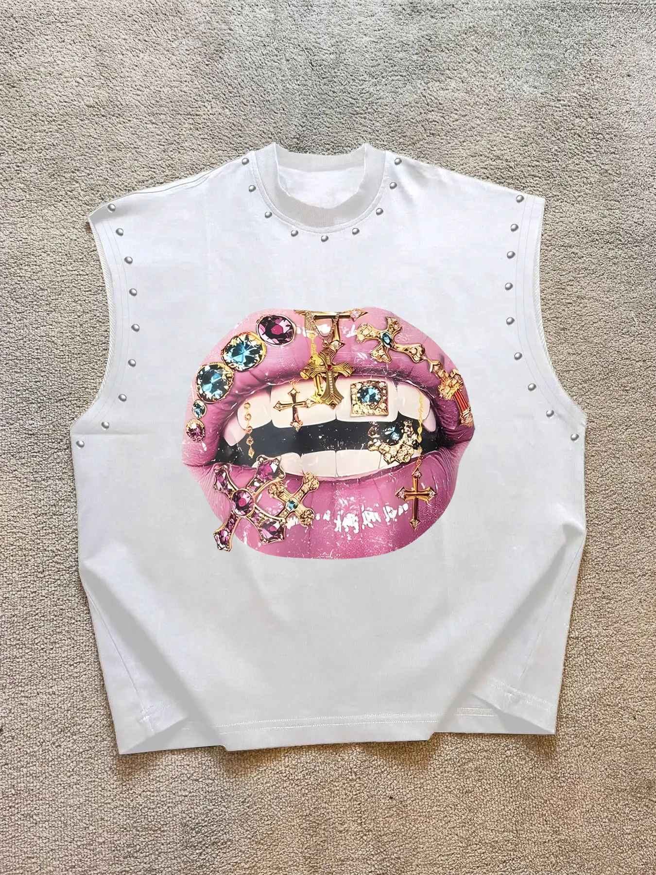Unisex Sleeveless Casual Loose Oversized Tank Tops, Lip Crossbone Graphic Print + Stud Design, Fitness Gym Athletic Streetwear, Fashion Trendy and Comfortable