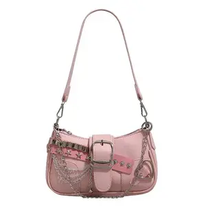 Fashion Hot Girls Square Shoulder Bags Retro Rivet Star Women's Underarm Bag Sweet Pu Leather Female Chain Handbags Pink Purse