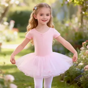 Girls Pink Ballet Leotard Tutu Dress - Short Sleeve Bow Back Dancewear for Toddler & Kids Ballerina, Perfect for Ballet Class & Recital
