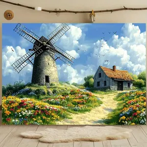 1pc a Colorful Windmill And Cottage-Themed Party Banner - Made from Sturdy Polyester, Featuring a Rich Floral Landscape, Perfect for Home And Room Embellishment, Photo Backgrounds, Party Essentials