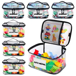 Clear Toy Storage Bag, Storage Organizers with Name Tag & Manual Pocket, Waterproof Transparent PVC Organizer for Lego Bricks, Board Games, Building Blocks, Puzzles, Zipper Pouches