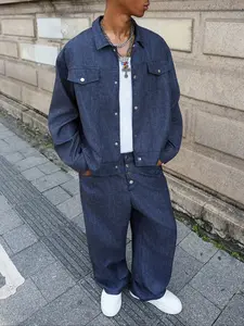 Men's Faux Denim Set, Loose Street Style Button Front Long Sleeve Shirt & Elastic Waist Straight Leg Pants, Casual Summer Outfit