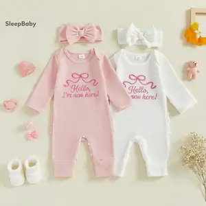2 Piece Set Newborn Baby Girl Fall Romper Bow Letter Embroidered Waffle Knit Long Sleeve Jumpsuit with Matching Headband Adorable Letter Print Baby Romper