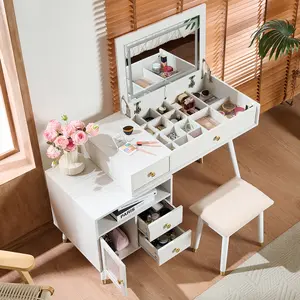 3-in-1 Vanity Desk with Lights Flip-Top Hidden Mirror & Adjustable Cabinet, Retractable Makeup Dream Vanity Table with Stool, Modern Dressing Table with 3-Drawers, Bedroom Furniture, Studio Apartments, Dorms, White