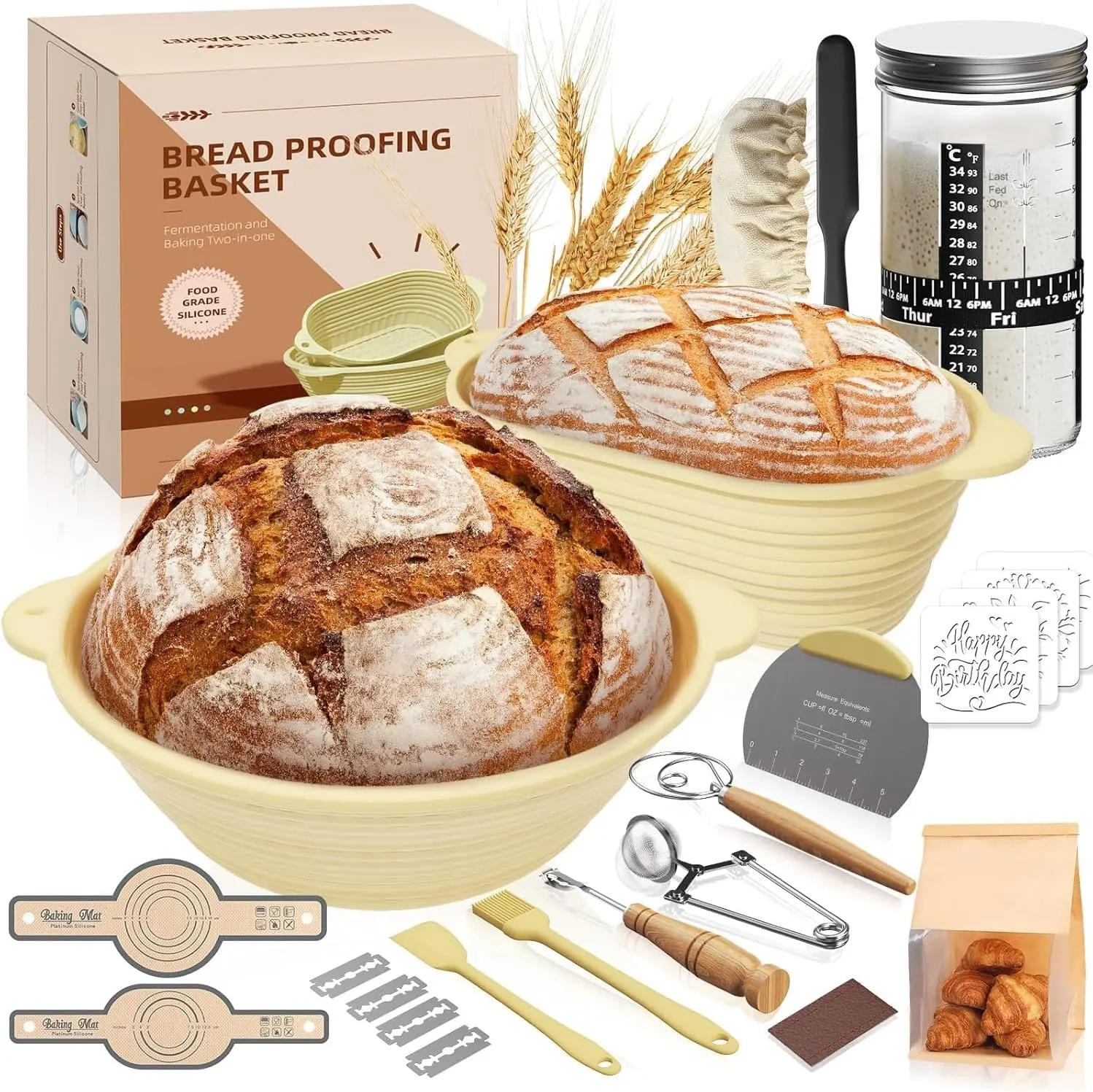 30 Pcs Sourdough Starter Kit,Sourdough Bread Baking Supplies with 10" Round & 10" Oval baskets,Sourdough Bread Kit,Sour Dough Starter Kits for Bakers Wife Mom