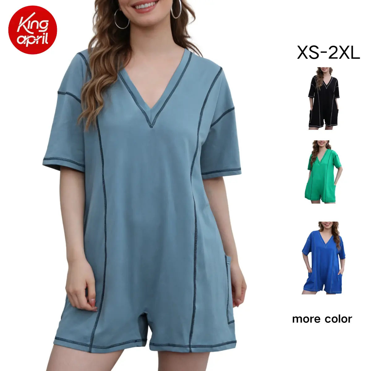 Kingapril Women's Oversized Romper, Casual Short Sleeve Cotton Jumpsuit with V-Neck, Pockets, and Contrast Stitching, Shortsleeve, Rompers For Women, Casual Jumpsuits & Rompers