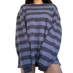 Women’s Baggy Striped Shirt, Crew Neck, Y2K Oversized Stripes Print Top, Pullover, Fairy Grunge Teen Girls Vintage Tee, 2000s