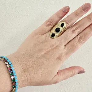 VITTA  Long Oval Gold Ring with Black Enamel