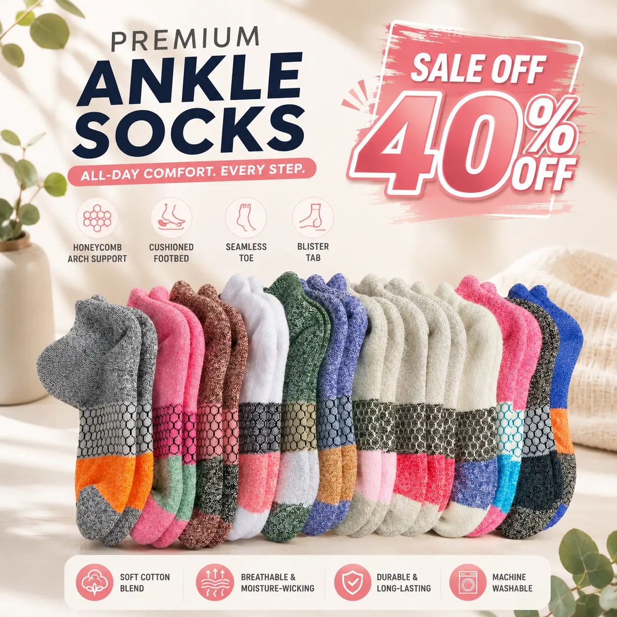 Pack 5 BB Tri-Block Honeycomb Ankle Support Solid Socks for Women, Men | Multi Colors Unisex Running Socks, Seamless Toe, Compression Socks | Stylish Socks