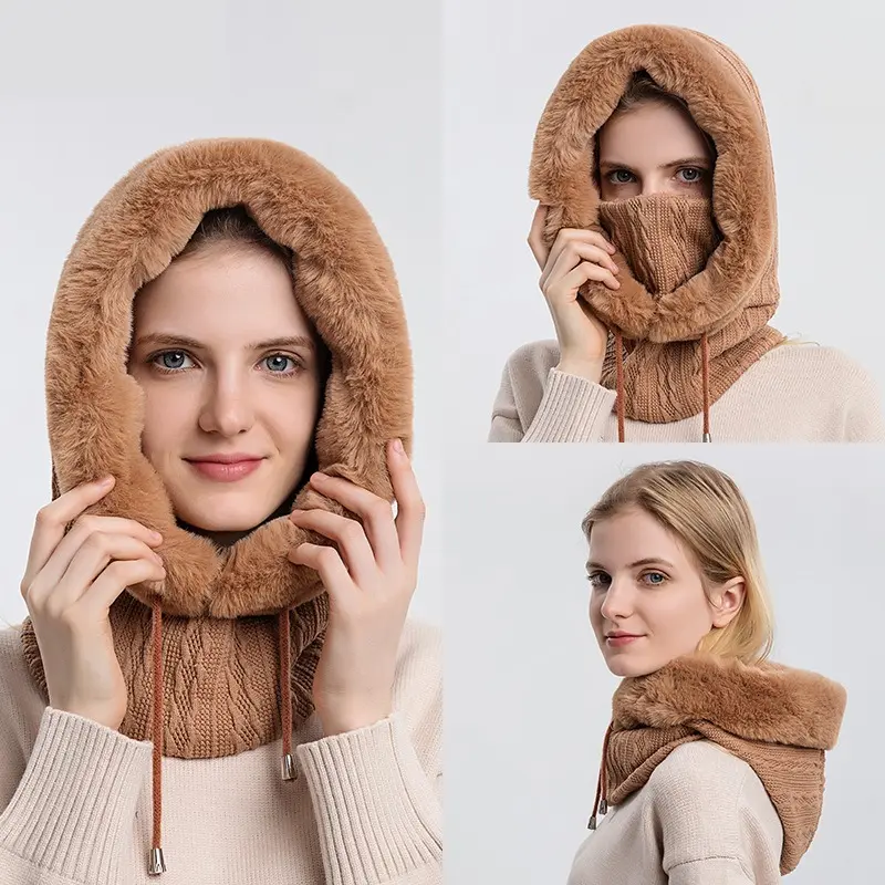 BIGWIG women's thickened one-piece wool hat, knitted fluffy hat, scarf mask set, winter outdoor ski warm hat, windproof plush hat, outdoor hooded collar head cover, thickened plush velvet mask scarf, warm bib