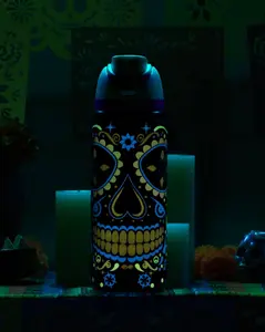 Owala 32oz Insulated Vacuum Flask Tumbler - Portable Water Bottle with Straw, Colorful Sugar Skull Design, Fluorescent Glow-in-the-Dark Details for Kitchen Drinkware Use