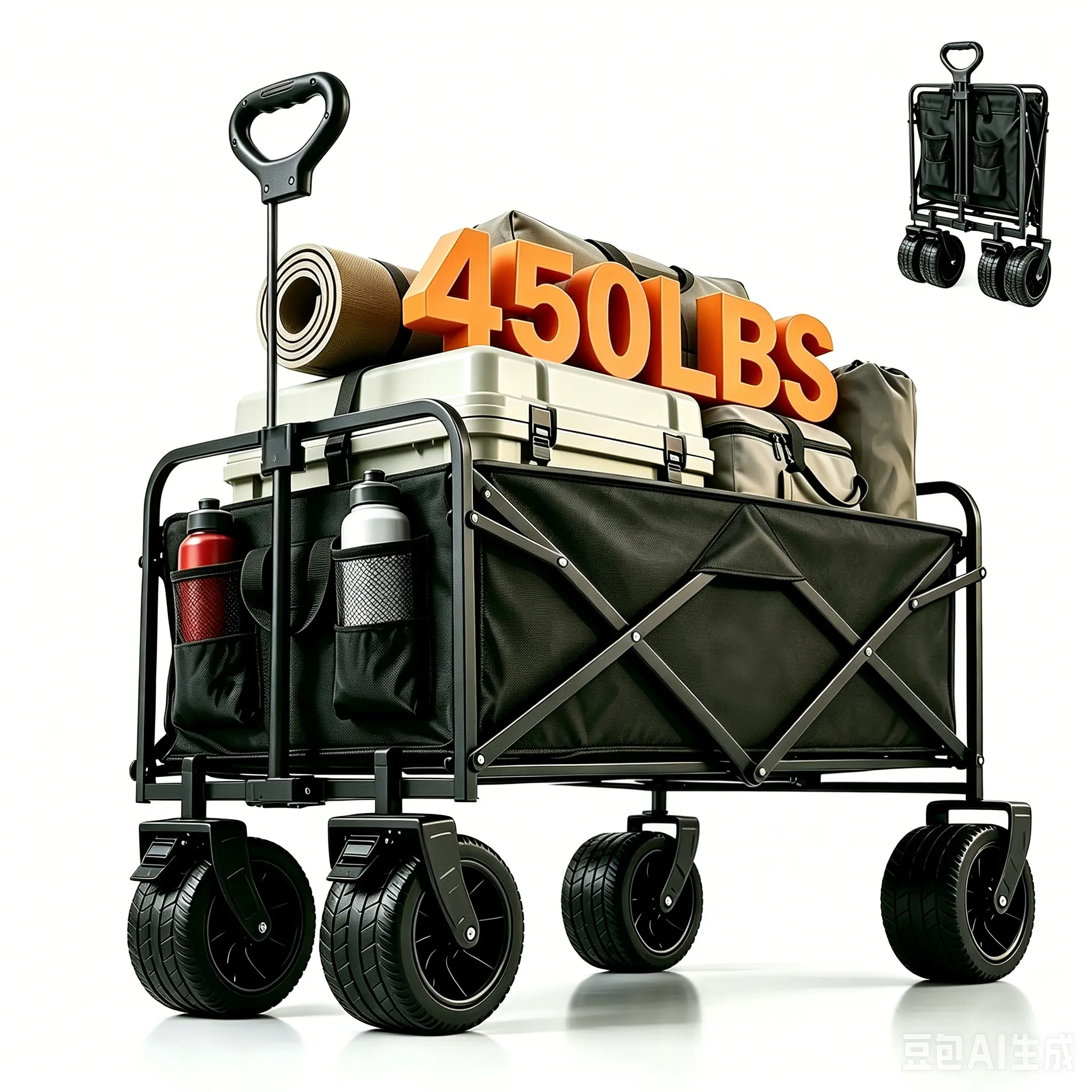 Collapsible Wagon Cart with 450lbs Weight Capacity, Heavy Duty Foldable Wagon with Big All-Terrain Wheels & Drink Holders, Utility Carts for Camping, Garden, Outdoor, Grocery, Sports, labor day. Black trollies