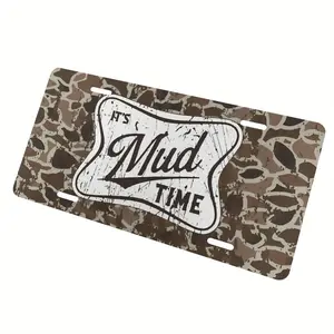 Mud Time (1) Aluminum Front License Plate - 6x12inch Polished Metal Standard Edition, Leopard Print Design, Retro "It's Mud Time" Text - Durable and Fade-resistant, Easy to Install, Made in USA, Car Exterior Decoration, Exclusive for Outdoor Explorers, We