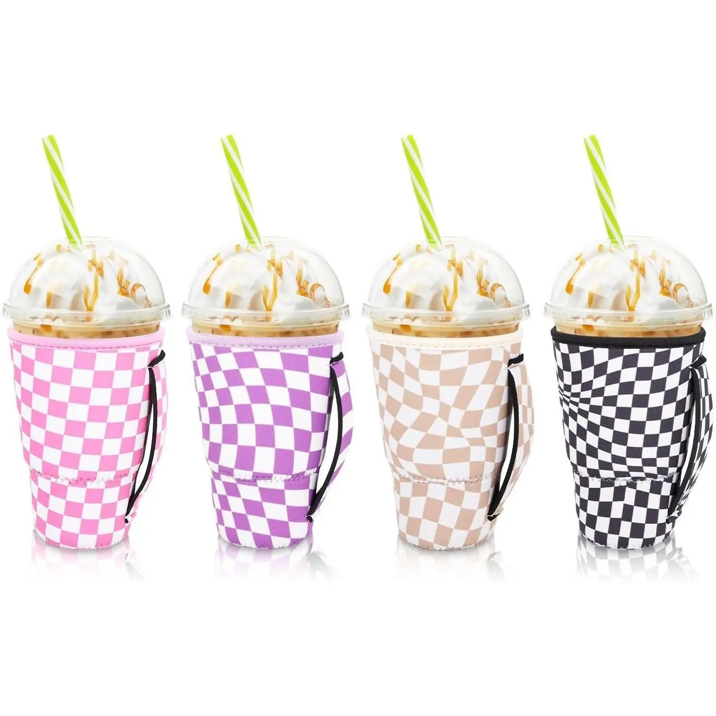 4Pack Reusable Iced Coffee Sleeve Insulator Sleeves for Cold Drinks Beverages, Neoprene Cup Holder for Most Coffee, Fits 30-32oz Large Cups (Checkerboard)